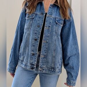 Vintage Classic Cordouroy Collared Button Down Denim Jacket In Blue Denim/Brown